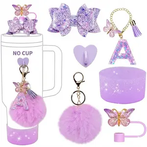 6pcs Tumbler Cup Accessories Set, Butterfly Straw Topper, Bling Bow, Sparkly Silicone Boot, Letter Charm and Pompom for Water Bottles Aesthetic