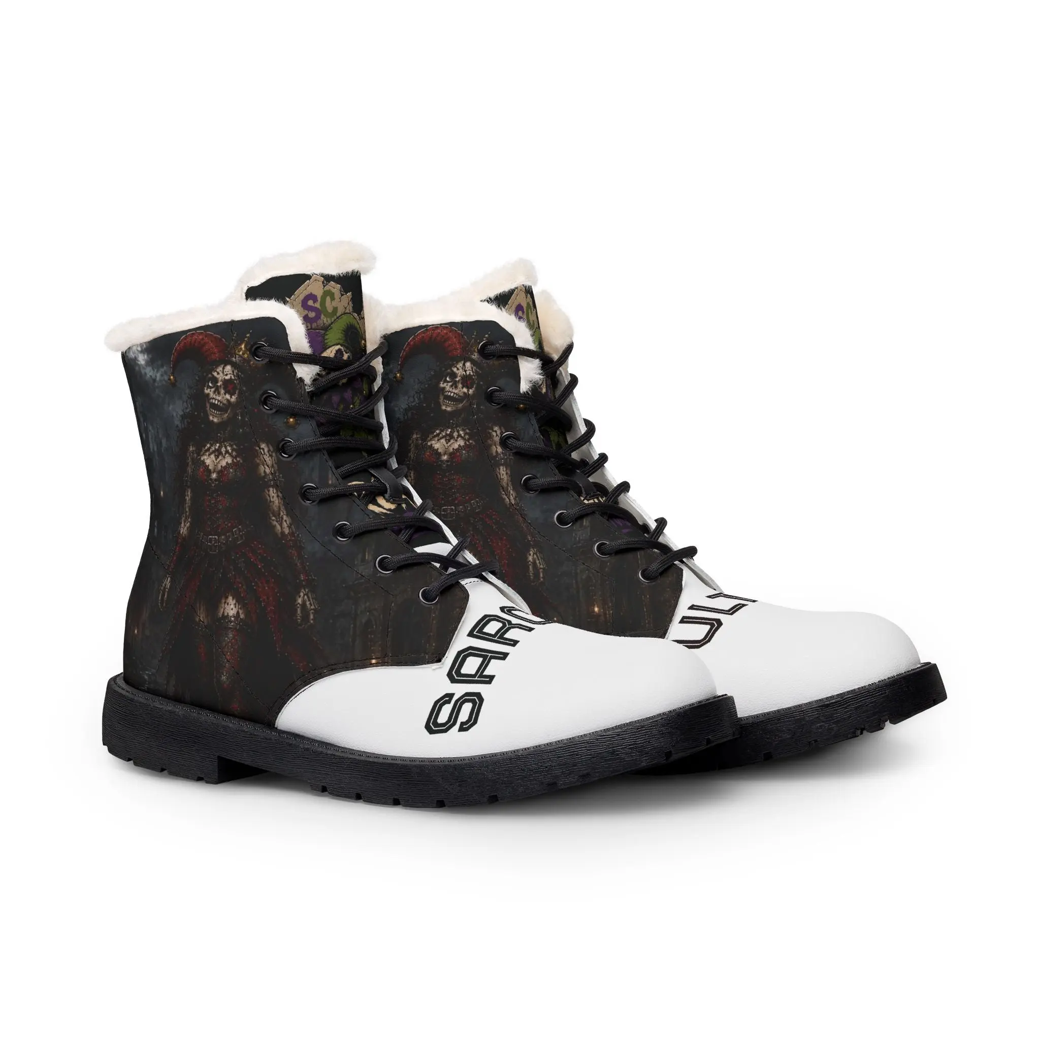 Women's Gothic Combat Boots with Skeleton Clown Print - Soft Fleece-Lined Vegan Leather Lace Up Footwear, Shoe, Gothic Art, Bold Look, Pvc Sole