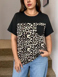 Elegant Plus Size Women's Leopard Print Patchwork Short Sleeve T-Shirt, Comfortable Casual Summer Top, Front Pocket Design