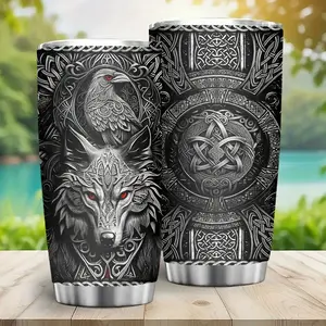 20oz Viking-Themed Stainless Steel Travel Mug - Double-Wall Insulated Tumbler with Wolf & Celtic Knot Design, Keeps Drinks Hot or Cold - Perfect Gift for Men, Birthdays, Christmas, Valentine's Day - Reusable, Hand Wash Only