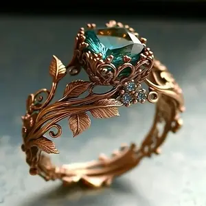 Ancient Totem Ring with Green Crystal, Energy Grounding Tribal Design for Men & Women, Ornate Filigree & Vine Design, Statement Fantasy Jewelry for Women