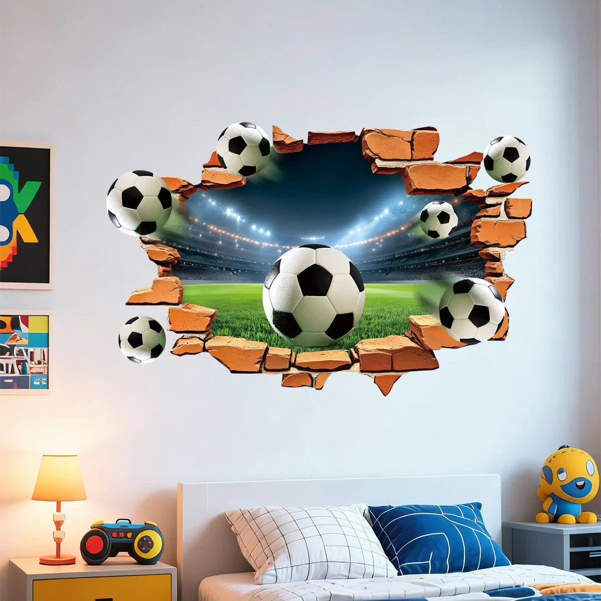 1 Sheet Large 3D Football Wall Decals (35.4'x23.6'), Soccer Football Break Through The Wall Vinyl Wall Stickers for Sport Lover, Removable Sport Artwork for Boys Playroom Bedroom Decor, Waterproof Wall Decals
