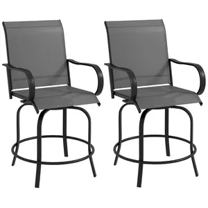 Two piece gray 360 degree swivel outdoor bar stools with backrest armrest and breathable mesh suitable for leisure use in backyard and balcony