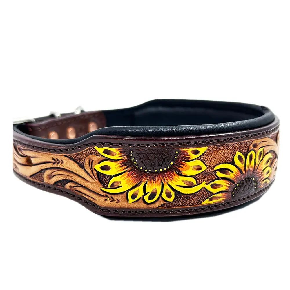 American Darling Hand Tooled Leather Sunflower Dog Collar Western Leather Pet Collar