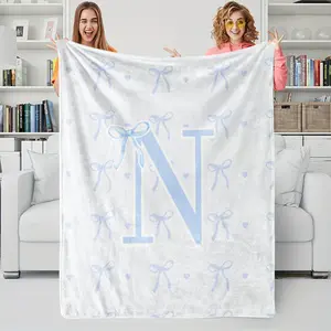 Light blue satin ribbon & letter N-Z patterned flannel blanket, simple yet exquisite, perfect for a vibrant bedroom decor, suitable for gifting or personal use, ideal for sofas, bedrooms & travel, suitable for all seasons, available in multiple styles.