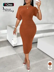 Aliling Women's Elegant Casual Wear Plain Color Dress, Asymmetrical Neck Short Sleeve Slim Fit Midi Dress, All Seasons Fashion, Womenswear