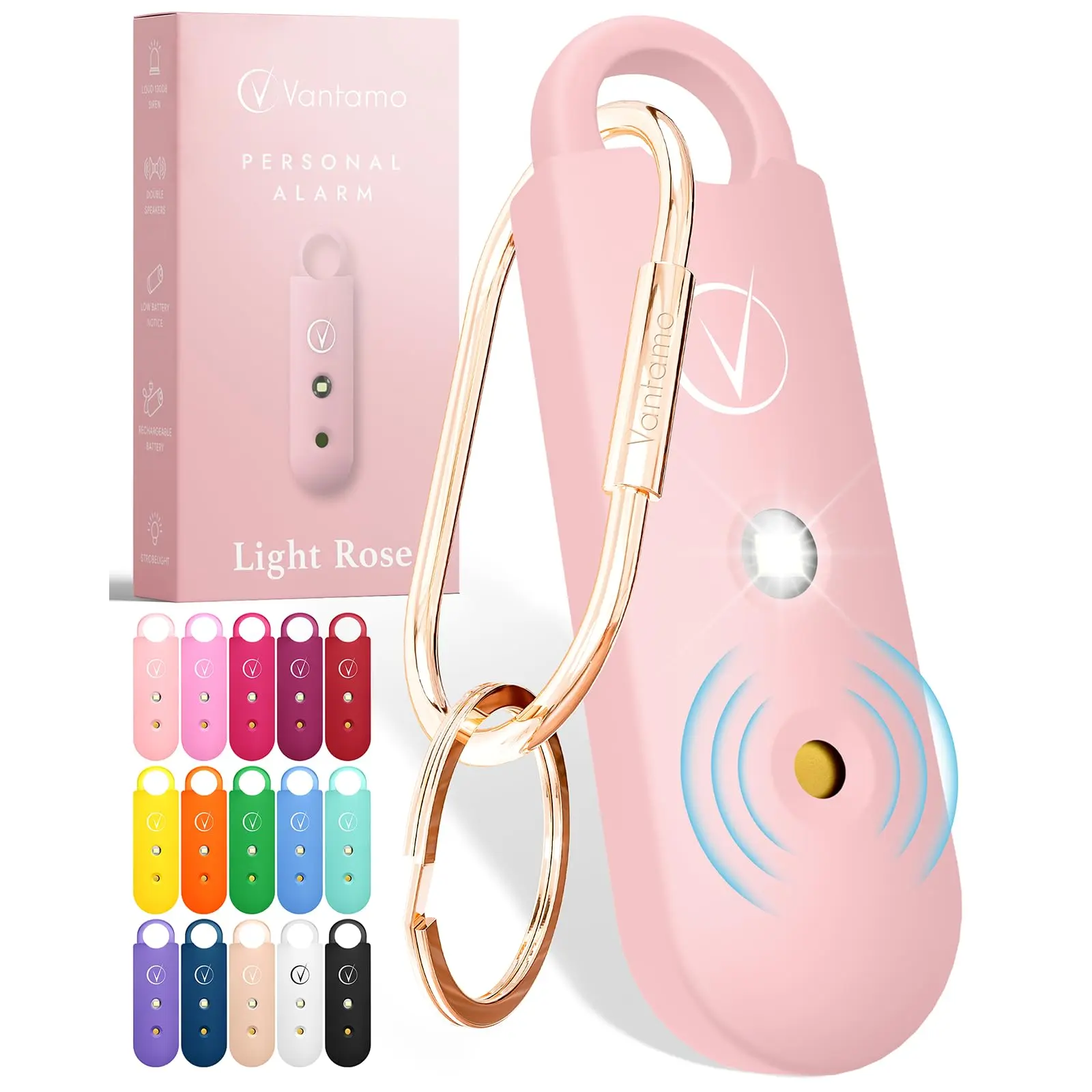 Vantamo Personal Alarm for Self Defense with Low Battery Notice, Strobe Light & Extra Loud 130 dB Double Speakers Safety Keychain Set for Women, Rechargeable Panic Button for Womens Self Defense