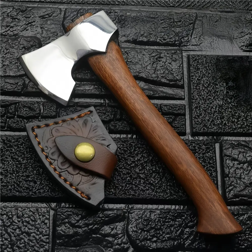 Medium small axe, mirror effect, solid wood handle with leather cover, multifunctional flying axe, outdoor camping, fishing, hiking