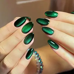 24 Pcs Flash Nail Set, Transparent Emerald Base Color, Fine Glitter, Jelly Adhesive, Non-Damaging, Beginner Friendly, Daily DIY Manicure, Glitter Nails, Shimmer Glitter