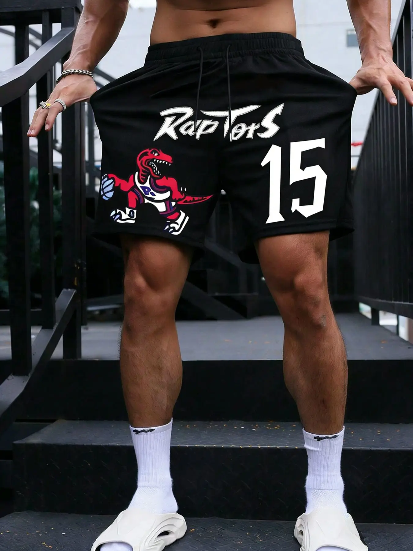 Classic Raptors Dinosaur Logo + Number 15 Print Athletic Shorts, Athleisure Shorts, Casual Fitted Style, Letter Pattern, Perfect for Everyday Wear, Fashionable Summer Shorts, Leisure Shorts, Casual Gym Shorts