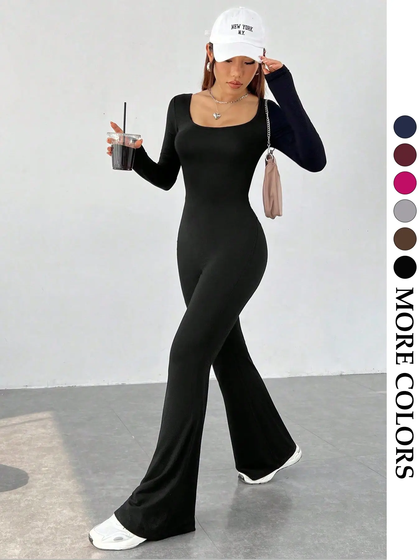 Women's Minimalist High-End Bodycon Jumpsuit, Casual Fashion Jumpsuit, Long Sleeve, Fitted Slim Fit Super Long Leg Look, Easy Tall Skinny Style, Casual Basic Plain Design, All Seasons Wear, Womenswear