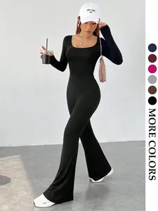 Women's Minimalist High-End Jumpsuit, Long Sleeve, Fitted Slim Fit Super Long Leg Look, Easy Tall Skinny Style, Casual Basic Plain Design, All Seasons Wear, Womenswear