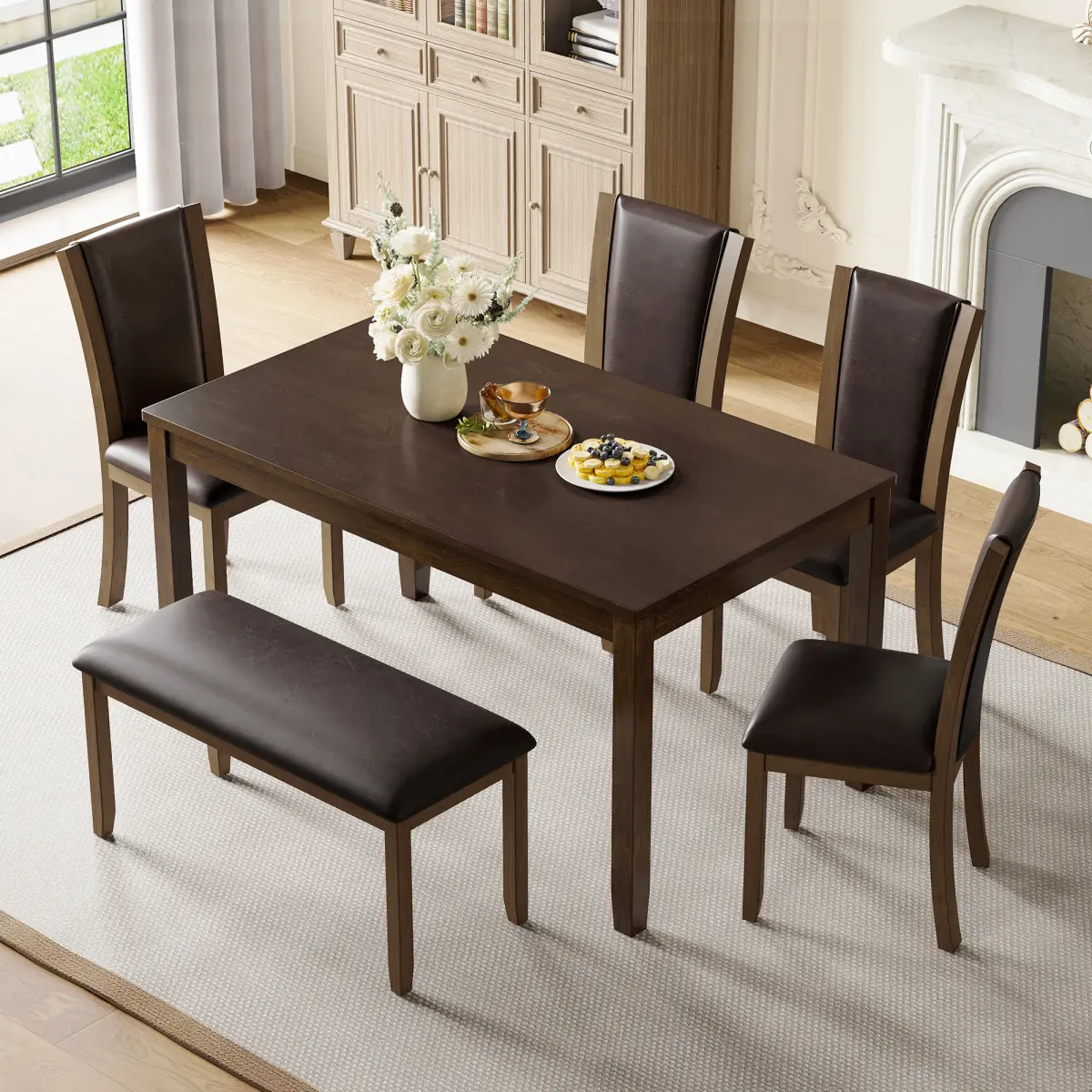 [Bellemave]6-Piece Dining Table Set with Bench and Chairs, Wooden dining table set for 6 people, Farmhouse Rustic Style 6 Person Dining Table Set for Dining Room, Kitchen, Dark Walnut