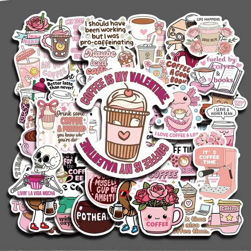 50PCS Funny Coffee Aesthetic Stickers Pack, Cute Coffee Cup Illustration Vinyl Stickers for Laptop Water Bottle Cellphone Phone Case Skateboard Journal Scrapbook DIY Decoration