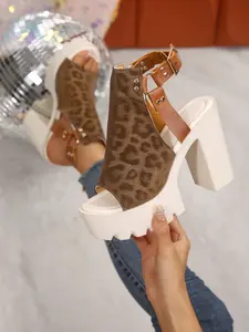 Women's Thick Sole High Heel Sandals, Leopard Print Open Toe Waterproof Platform Shoes, Summer New Fashion Roman Sandals, Flatform