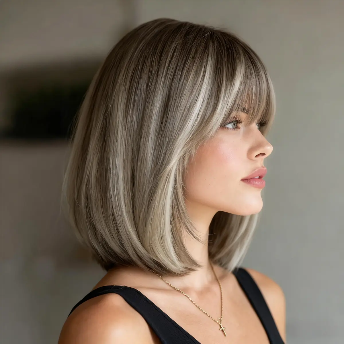 SMILCO Synthetic Lace Front Wig, 12-in Gray Brown Highlight Short Straight Bob with Bangs, Glueless Adjustable Rose Mesh Bottom Synthetic Fiber Heat Resistant Wig for Daily Wear SM164, Synthetic Fiber Wig