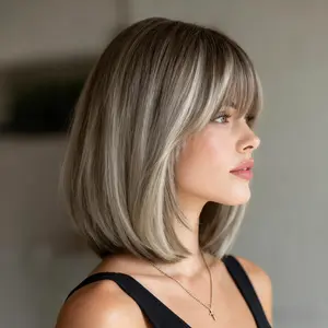 SMILCO/12-inch Gray Brown Highlight Short Hair Straight Bob Wig with Bangs Glueless Adjustable Rose Mesh Bottom Synthetic Wig for Daily Wear/SM164