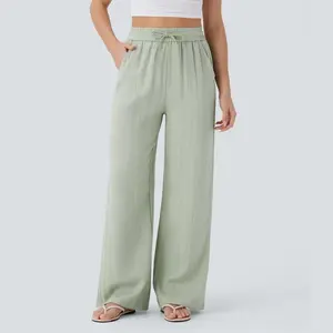 Women's High-Waisted Drawstring Wide-Leg Linen Sweatpants - Sporty Sports Bottoms, Everyday Comfortable Fit, Side Pockets, Simple Basic Style, Women's Apparel