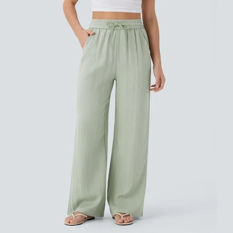 Female High-Waisted Linen Loose Drawstring Sweatpants - Athletic Casual Pants, Side Pockets, Casual Comfy Sporty Gym Fashion Easy-Fit Basic Sports Bottoms, Casual Sportswear Pants, Sporty Chic
