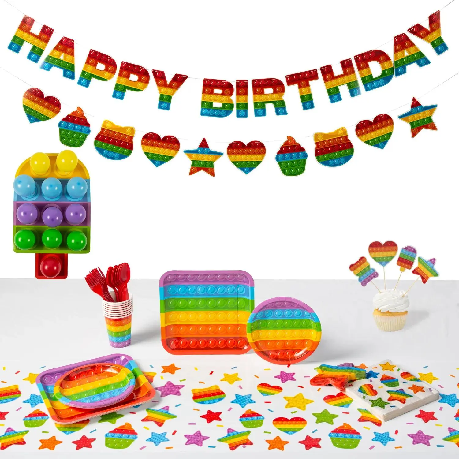 121 Pc. Lotsa Pops Pop Fidget Toy Party Ultimate Disposable Tableware Kit for 8 Guests