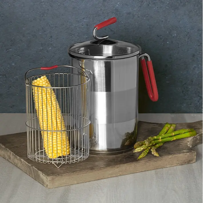 Kuhn Rikon Stainless Steel 4th Burner Pot with Glass Lid & Steam Basket 12 Cup Cookware for Pasta Asparagus Corn Soups Stock Gravy Vegetables Hard Boiled Eggs