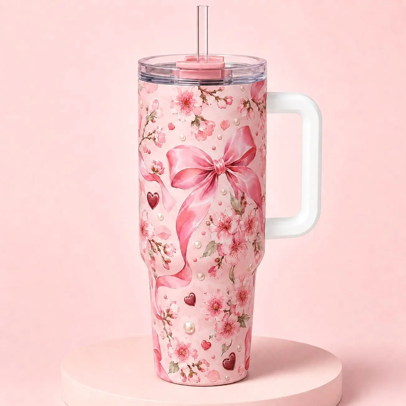 40oz Insulated Travel Tumbler with Handle and Straw, Floral Cactus Print Stainless Steel Mug for Hydration