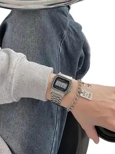Men's Silver Color Stainless Steel Strap Digital Multifunctional Watch with Square Dial, Includes Bracelet, Ideal Daily Gift for Students