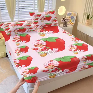 3-piece strawberry girl patterned bed sheet set, including 1 bed sheet and 2 pillowcases, with anti slip and dust-proof cover suitable for bedrooms, suitable as daily, holiday, and birthday gifts