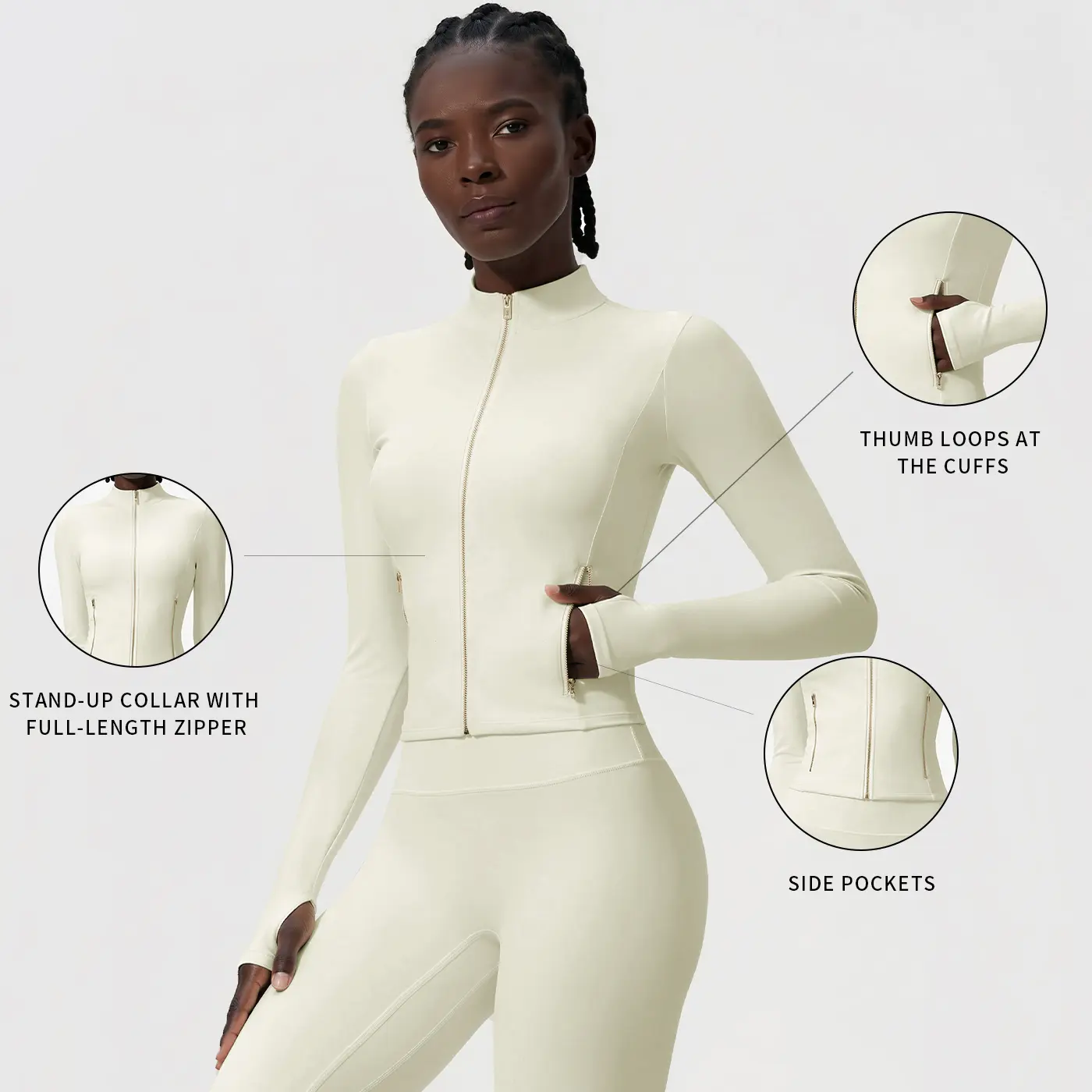 Runana women’s stand collar athletic jacket with full zipper, metal zipper pockets, slim fit, cropped length—stretchy, breathable long-sleeve top for yoga and running