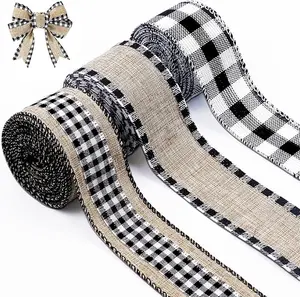 3 Rolls Christmas Buffalo Plaid Ribbon Wired Edge 9.9 Yard Plaid Burlap Ribbon Christmas Checked Burlap Ribbon for Christmas Tree Wrapping Crafts Decoration 1.5 inch Width(Black and White)