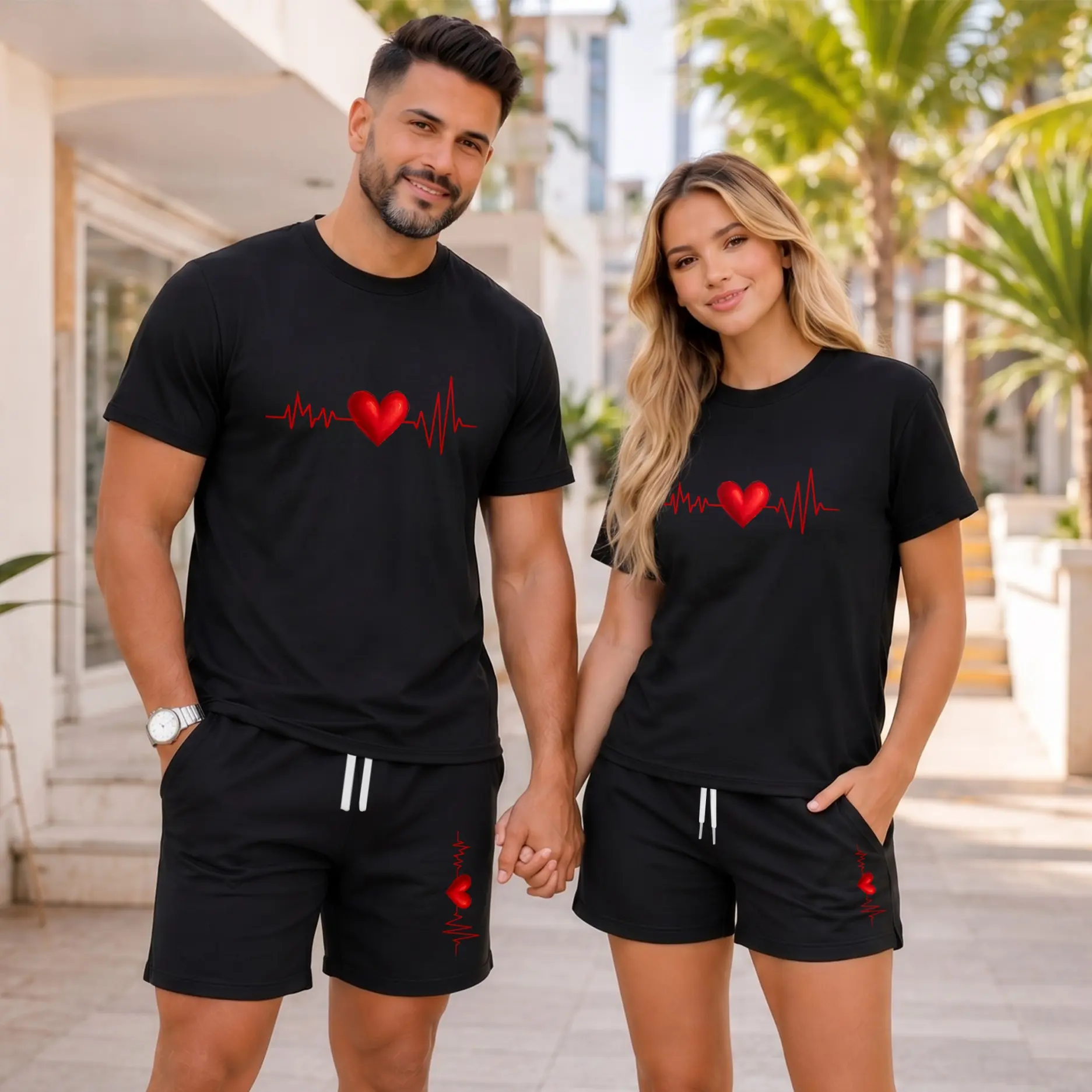 Couples’ Romantic Heart Graphic T-Shirt and Shorts Set, Casual Summer Two-Piece Outfit with Drawstring Shorts for Home and Outdoor Activities