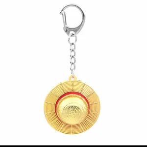 One Piece Luffy Hat Keychain - Metal Monkey D. Luffy Accessory with Gold Color Design and Chain