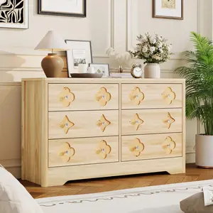 Natural Oak Dresser for Bedroom with 6 Drawers, 47.2'' Wide Chest of Large Decorative Drawer Front with Large Clothes Storage Cabinet, Wood Bedroom Dresser, TV Stand for Nursery, Living Room, Hallway