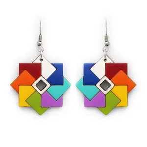 Wooden Earrings Handmade Multicolor Squares, Fairtrade Lightweight by Florama Natural Jewelry