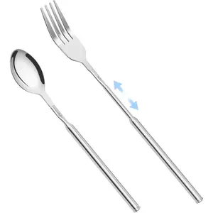 2 count Extendable Fork Spoon Set, Telescopic Stainless Steel Fork Spoon, Extendable 25.3 In, Dinner Forks for BBQ Dinner Fruit Dessert, Camping Flatware