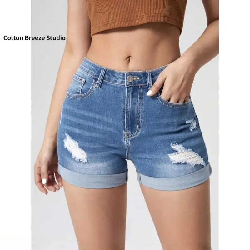 Women's Minimalist High-Waisted Ripped Denim Shorts - Lady's Slim-Fit Bottoms with Rolled Edges, High Elasticity, Multi-Size & Plus-Size Options, Jean Shorts, Casual Wear, Basic