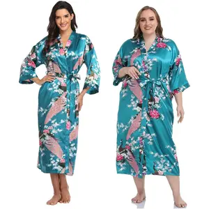 Women's Floral Long Silk Kimono Robes Satin Dressing Gown Peacock BlossomsGift