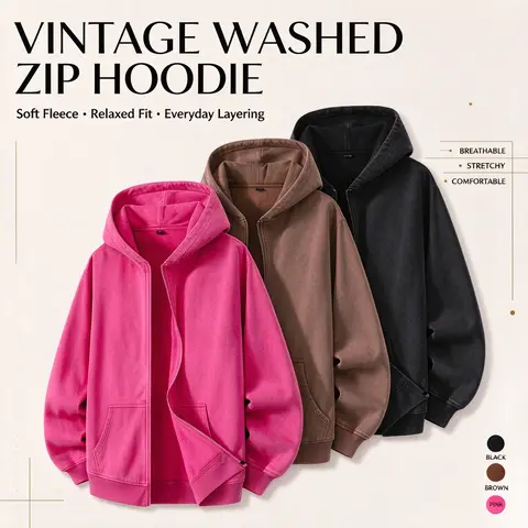 2026 New Stylish Menswear Men's Vintage Wash Cotton Blend Zip Hoodie, Soft Fleece Lining, Relaxed Fit Full Zip Jacket, Front Pockets, Layering Top for Adult Men, Suitable for Street Style, Light Outdoor Activities & Errands