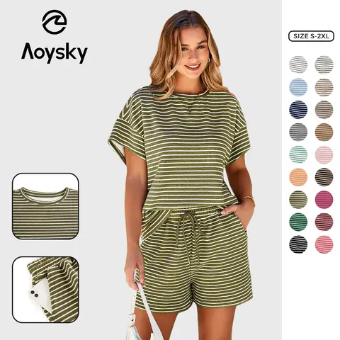 Aoysky Women's Oversized 2-Piece Pajama Set - Crew Neck Striped Short Sleeve Top, High Waist Drawstring Shorts, Comfy Beach Hang Out Everyday Wear Loungewear