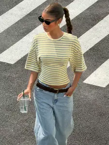 Summer Yellow & Gray Striped Baby Tee – Short Sleeve Slim Fit Crew Neck Crop Top for Women, Casual Streetwear Aesthetic, Soft Stretchy Fabric, Flattering Cropped Length, Versatile Summer Casual Tee for Trendy Females & Basic Style Lovers