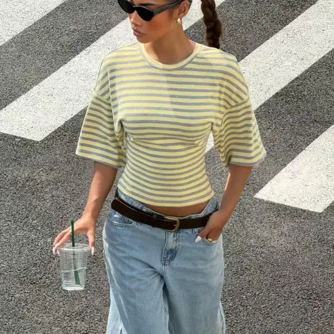 Summer Yellow & Gray Striped Baby Tee – Short Sleeve Slim Fit Crew Neck Crop Top for Women, Lady, Casual Summer Tops, Casual Streetwear Aesthetic, Soft Stretchy Fabric, Flattering Cropped Length, Summer Casual Tee for Trendy Females, Womenswear