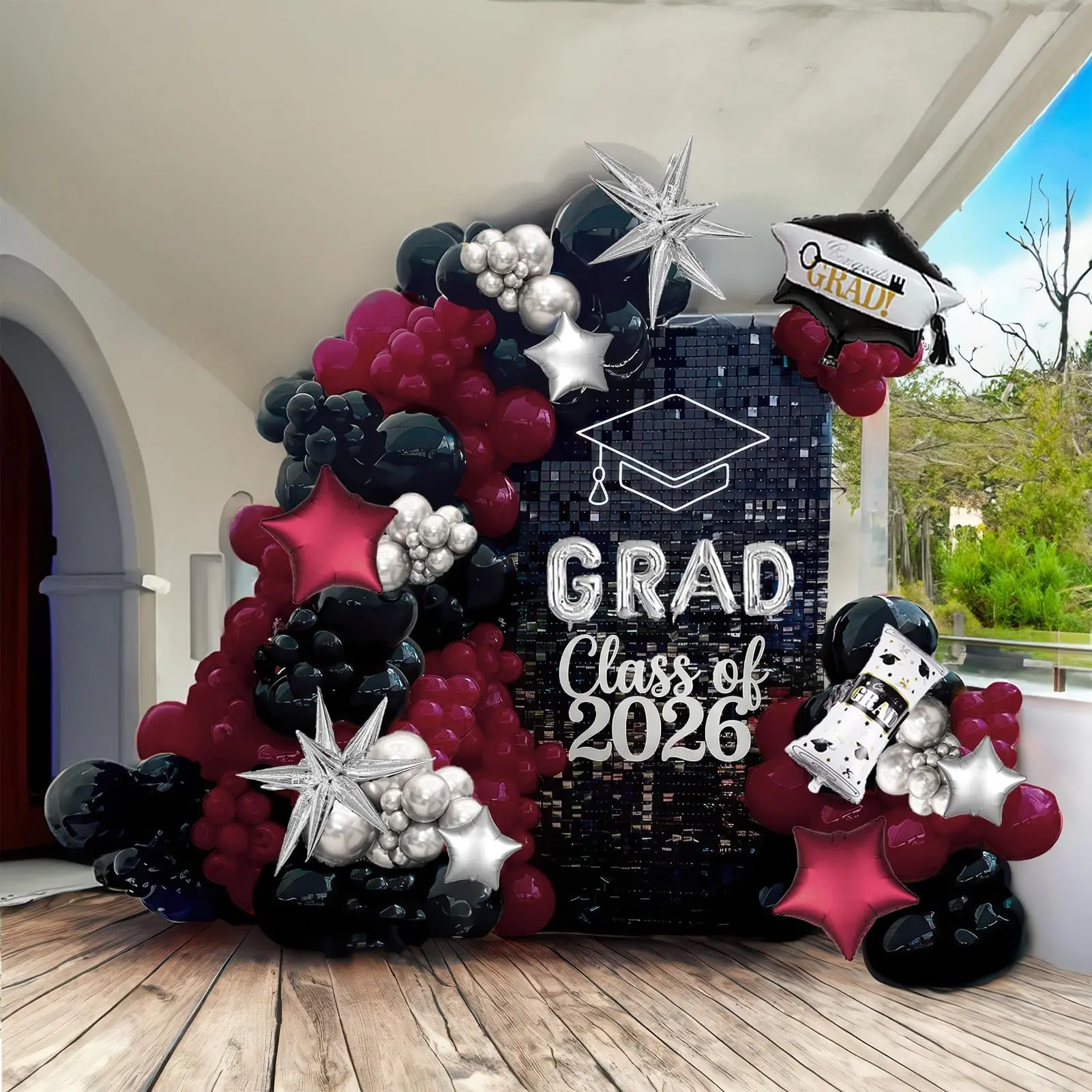 130-Piece Maroon, Black & Silver Balloon Arch Kit with GRAD Letters & Graduation Cap Foil Balloons