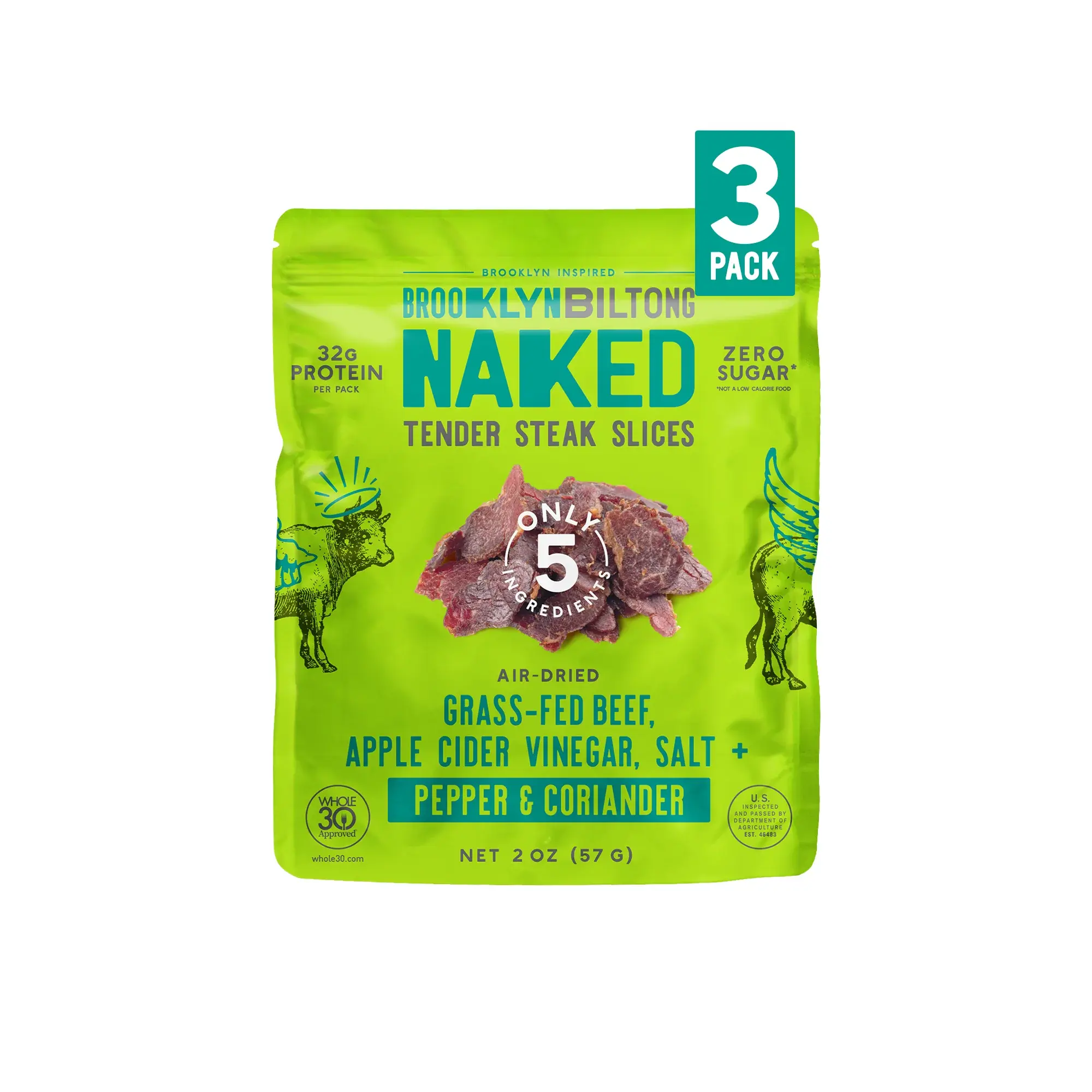 Naked Pepper & Coriander (Original Flavor) Tender Air-Dried Steak Slices, The Ultimate High Protein Snack, No Sugar Gluten Free - 3 x 2oz Bags