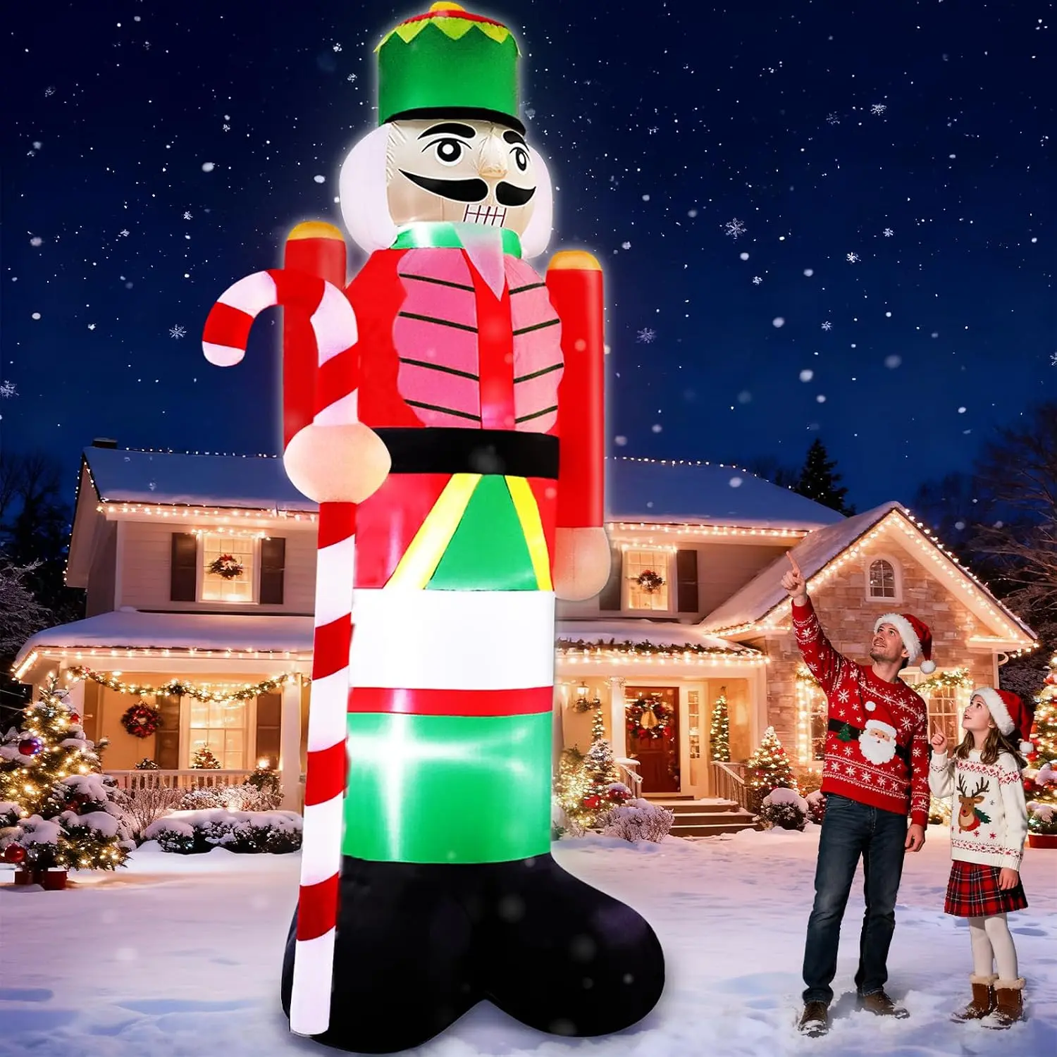 TURNMEON 14FT Giant Christmas Inflatables Nutcracker Soldier Outdoor Decorations Hold Candy Cane Inflatable Nutcracker Christmas Decorations Built-in LED Lights Blow Up Xmas Decor Outside Yard Lawn