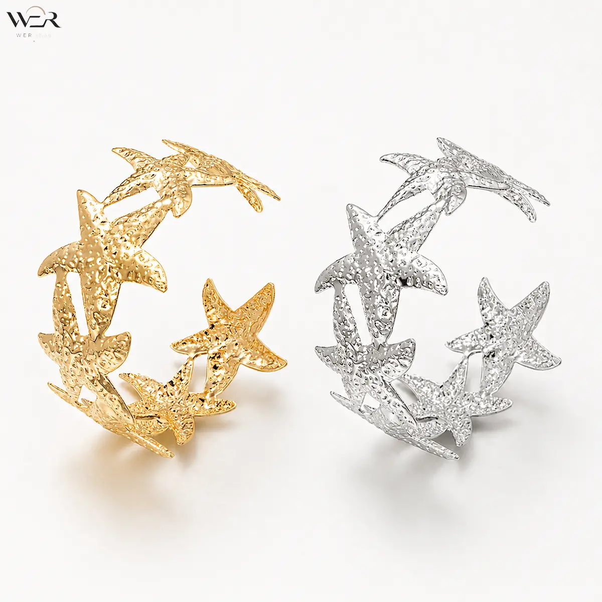 Starfish Cuff Bracelet Sea Star Bracelet Ocean Theme Bracelet Gold Silver Starfish Bangle Hammered Starfish Jewelry for Women Everyday Wear Gift