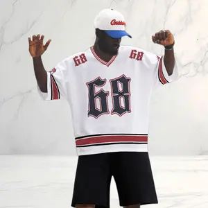 Men’s American retro V-neck jersey short-sleeve T-shirt, high-street athletic style, number print, red/white/black color-block stripes, breathable mesh fabric, loose and versatile sportswear