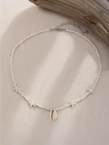 Summer-themed seashell and starfish beaded polymer clay necklace, unique design, seed bead clavicle chain, dainty layering jewelry, unisex jewelry.