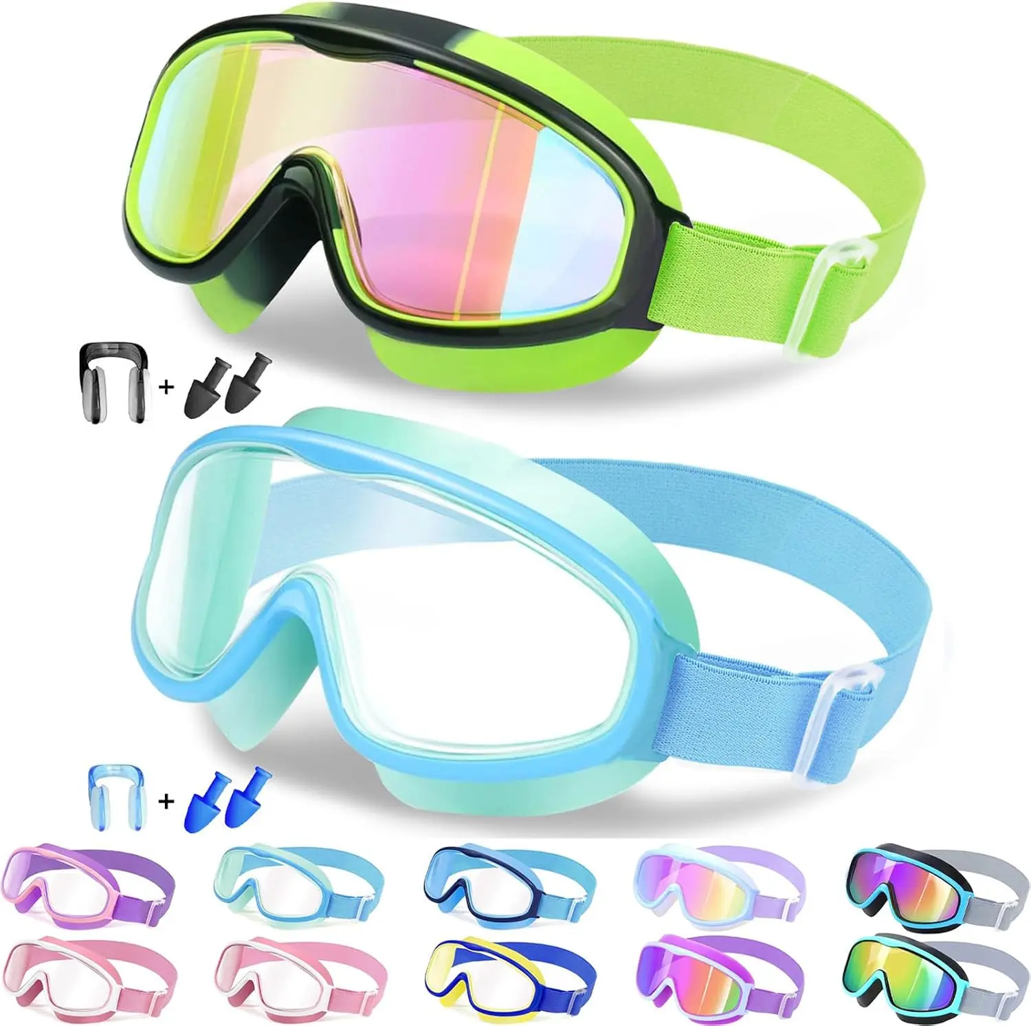 GMOX 2 Pack Kids Swim Goggles, Anti-Fog UV Protection Wide View Swimming Goggles for Boys Girls Ages 3-14, Comfortable Pool Goggles toys for Swim Lessons & Training nose clip