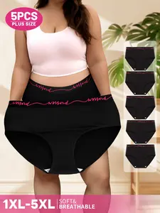 Women's Plus Size Underwear Set, Breathable Simple Triangle Panties, Elastic Waistband, No Curling, Side Letter Print, Casual Fitted