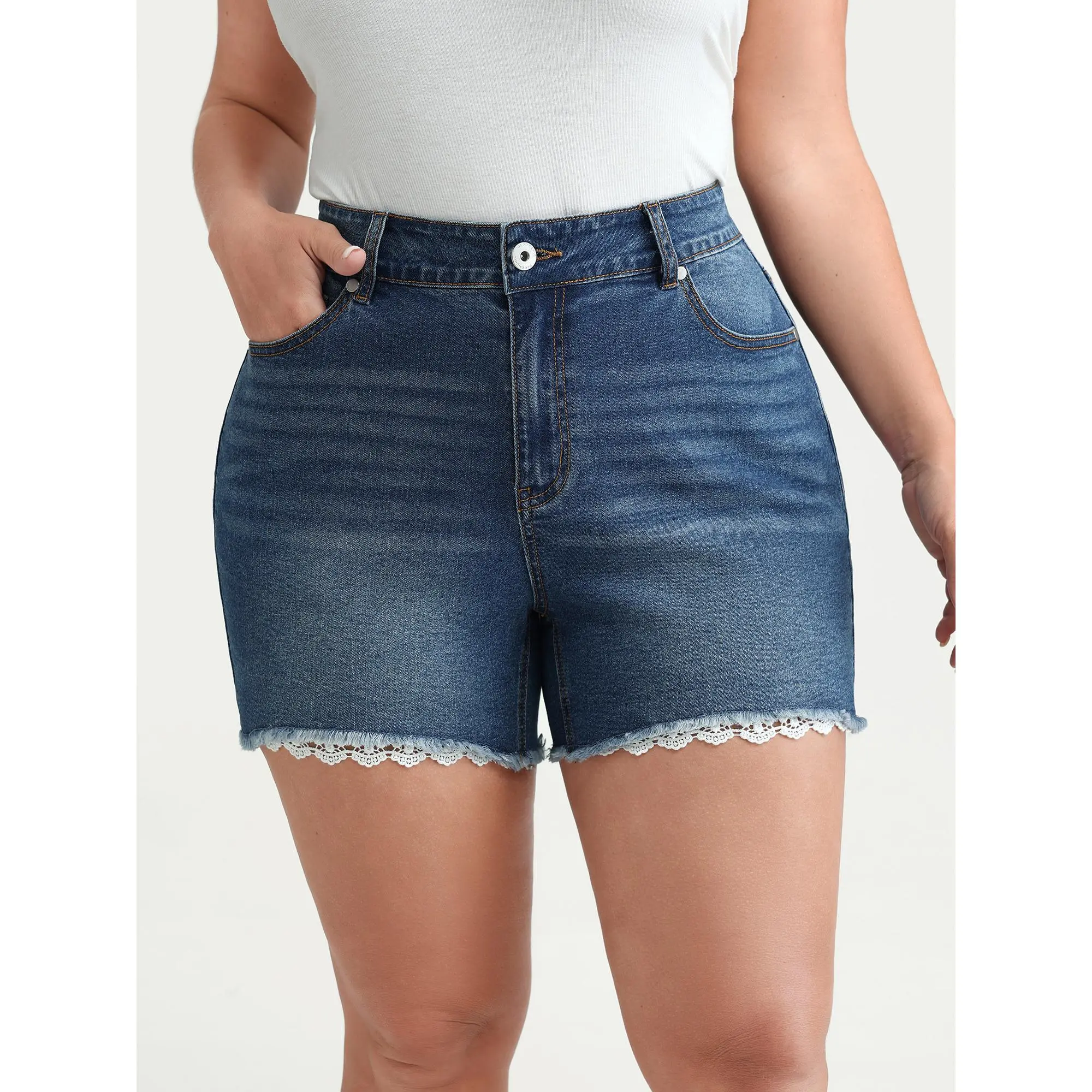 BLOOMCHIC Women's Plus Size Stretchy Skinny-Fit Lace Trim Cotton-Spun Denim Jean Shorts - Elastane Fabric, Turn-Up Hem, Pocket, M-6X Casual Comfy Bottoms for 2026 Summer, Cold Wash Curvy Womenswear